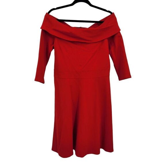 Boston Proper Dress Off Shoulder 3/4 Sleeve Tea Length Fit & Flare Stretch Red M - Picture 3 of 12